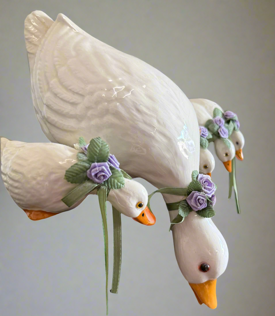 Vintage Ceramic Goose Family Figurine Set – Handcrafted Country Decor with Floral Accents
