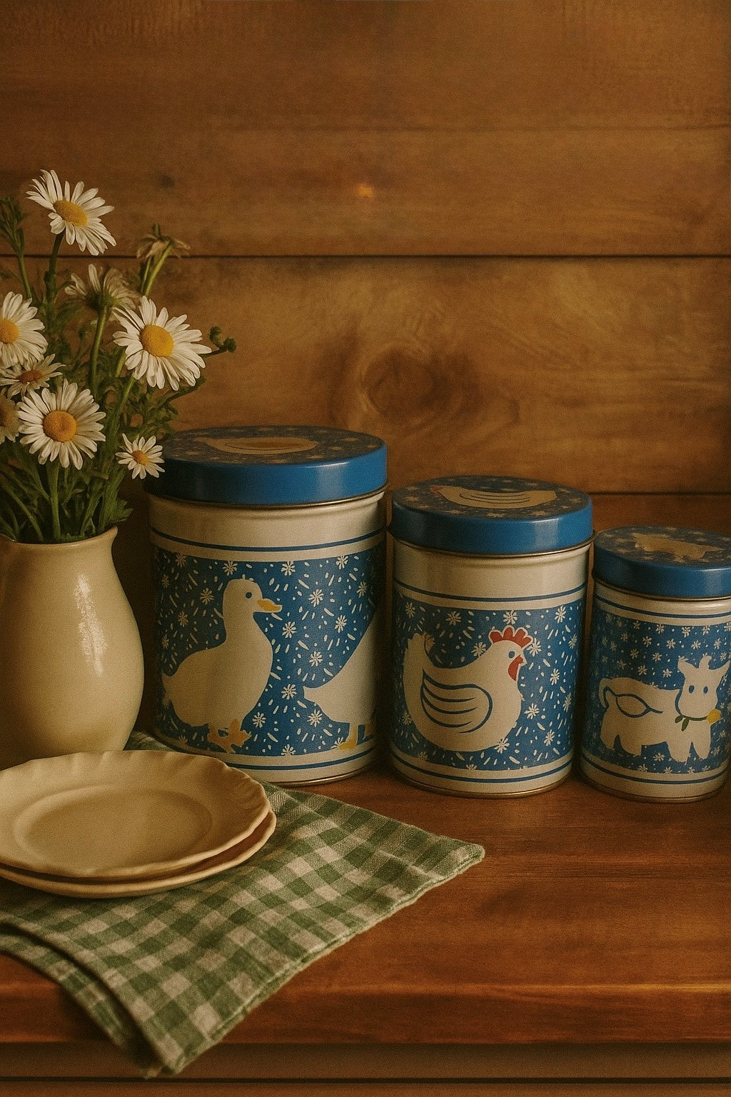 Vintage Farm Animal Tin Canister Set (Set of 3) | Duck, Hen, Cow | Blue & White Kitchen Storage