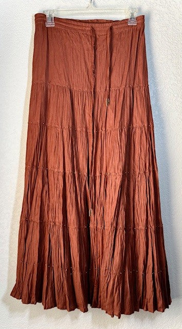 Mirasol Boho Tiered Maxi Skirt – Burnt Sienna Rayon with Stud Detail – Size Large