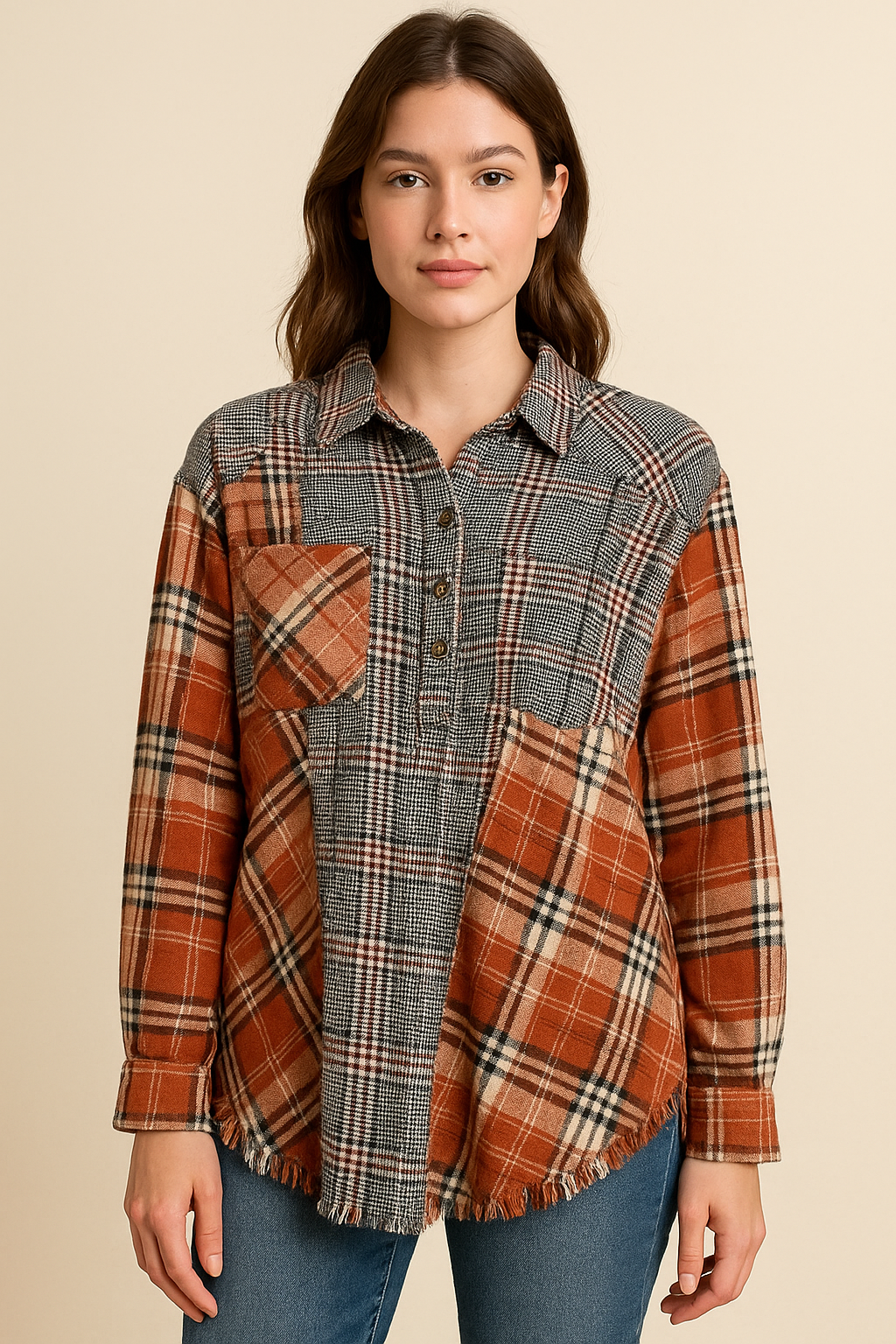 Umgee Mixed Plaid Patchwork Flannel Shirt – Size M