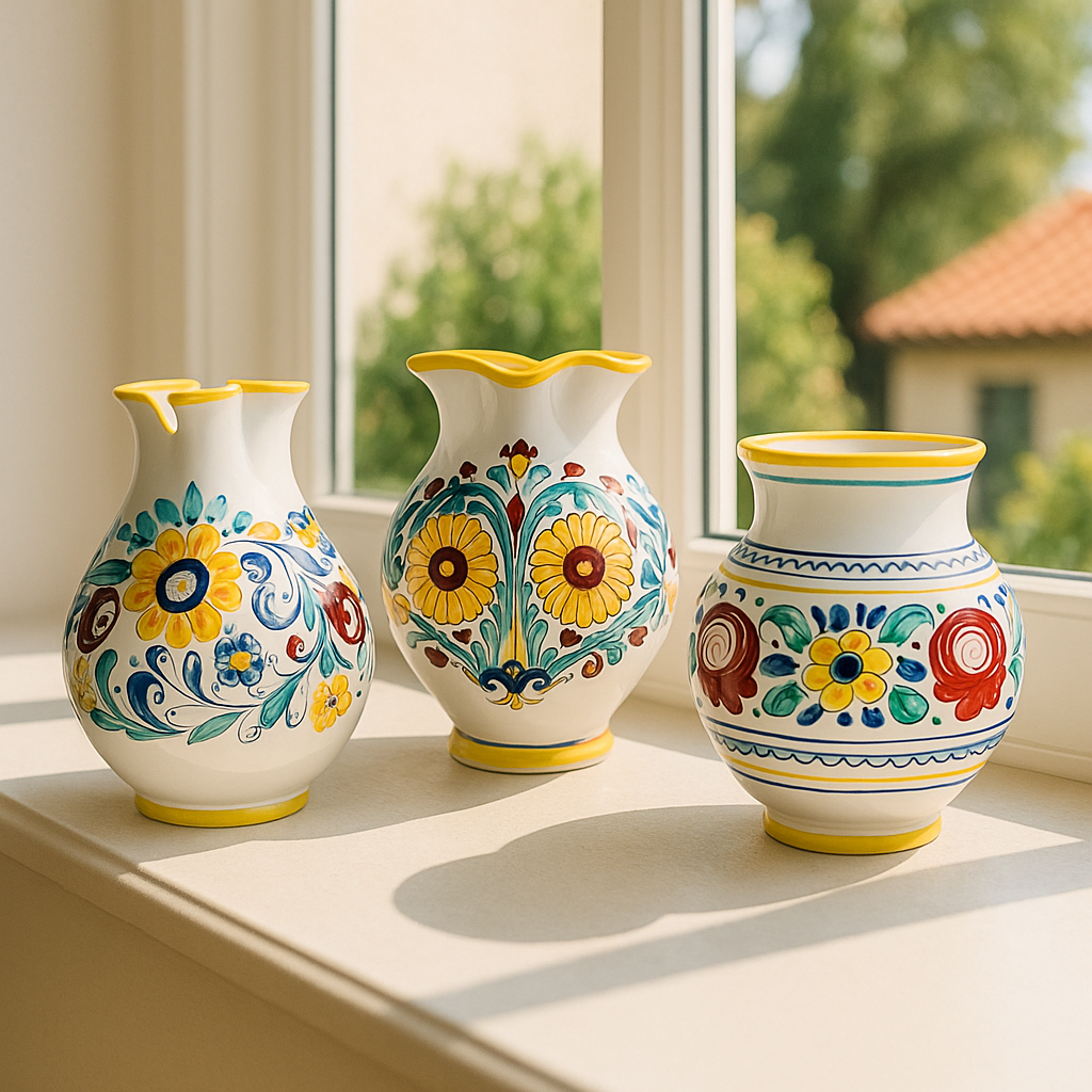 Hand-Painted Italian-Style Ceramic Vase Trio – Bright Florals