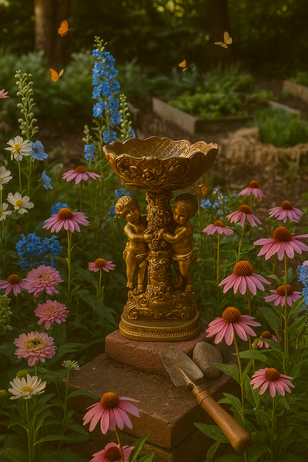 Vintage Gold Cherub Pedestal Bird Bath Planter