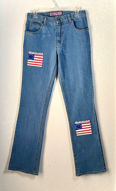 Vintage "Who Is America?" Statement Flag Jeans – Size 30