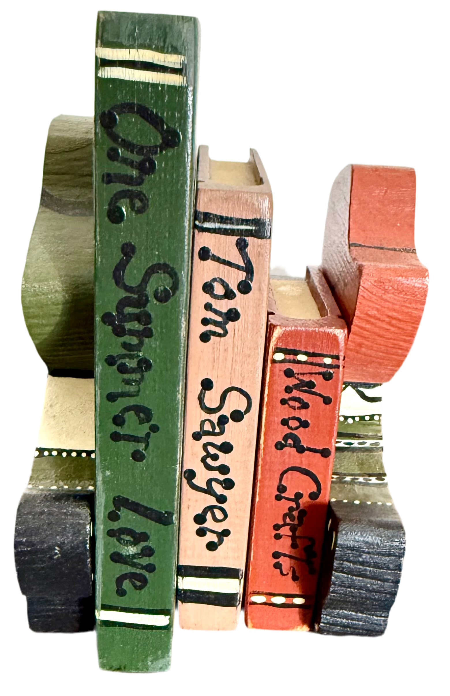 Vintage Hand-Painted Wood Book Stack & Country Kids Decor Set - Folk Art Farmhouse Style