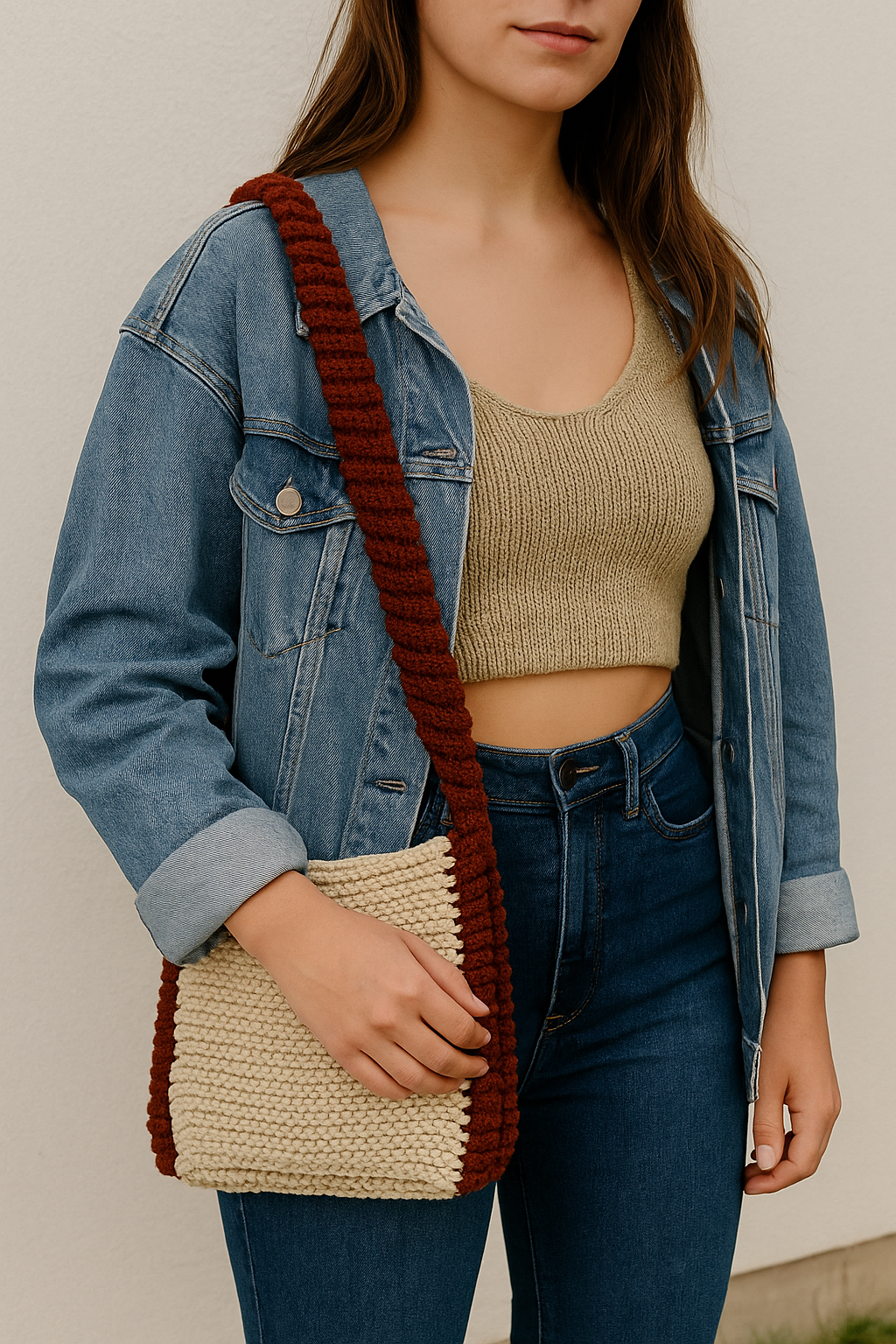 Handmade Knit Shoulder Bag – Cinnamon & Cream