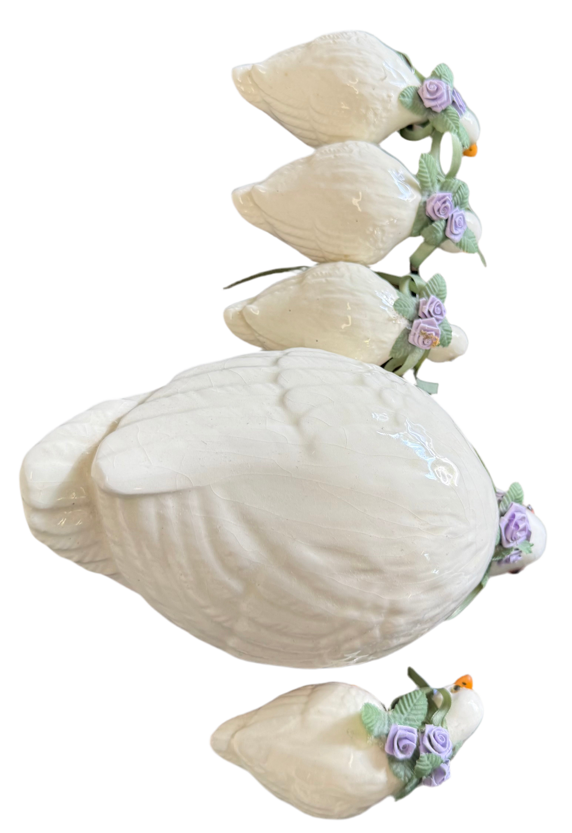Vintage Ceramic Goose Family Figurine Set – Handcrafted Country Decor with Floral Accents