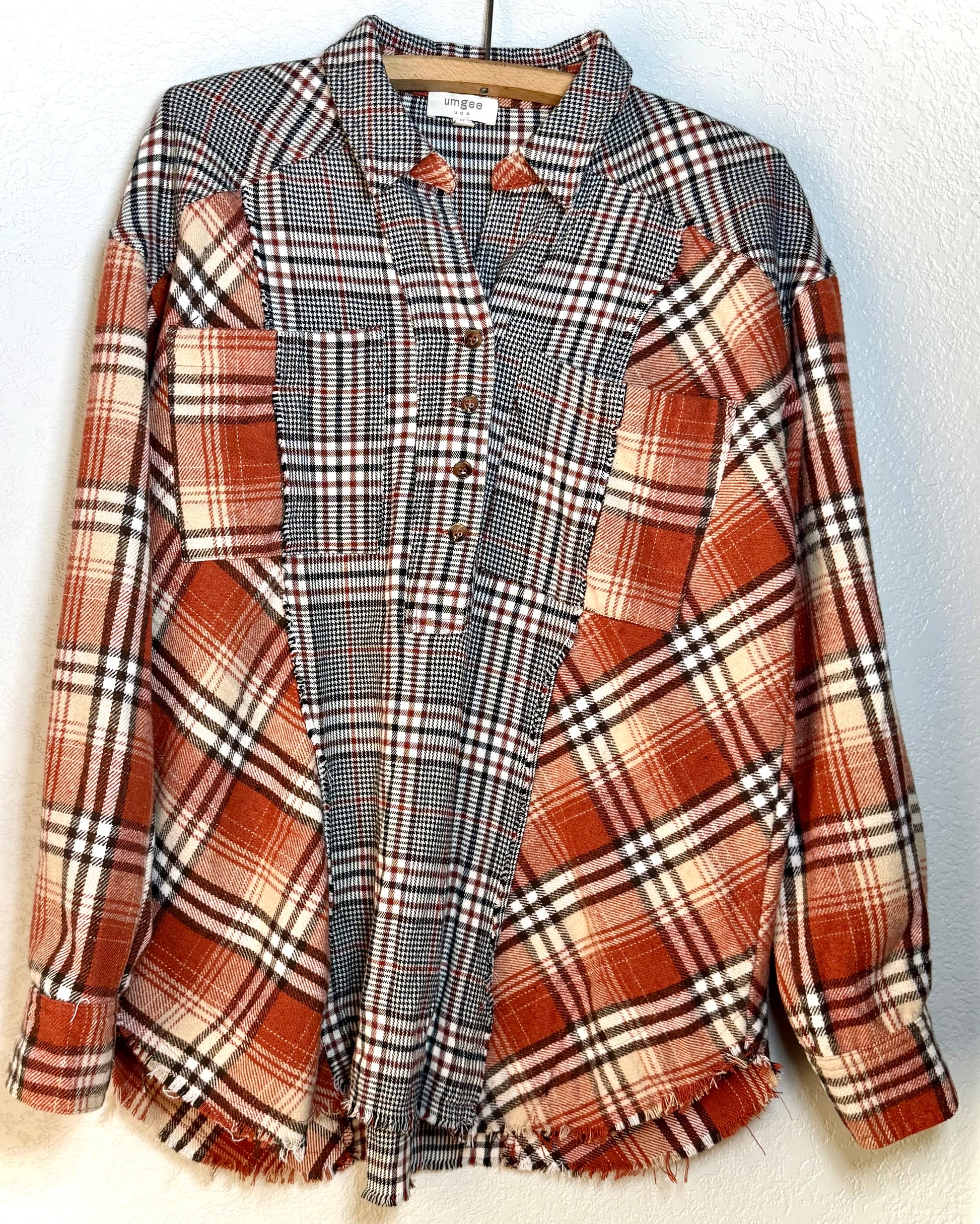 Umgee Mixed Plaid Patchwork Flannel Shirt – Size M