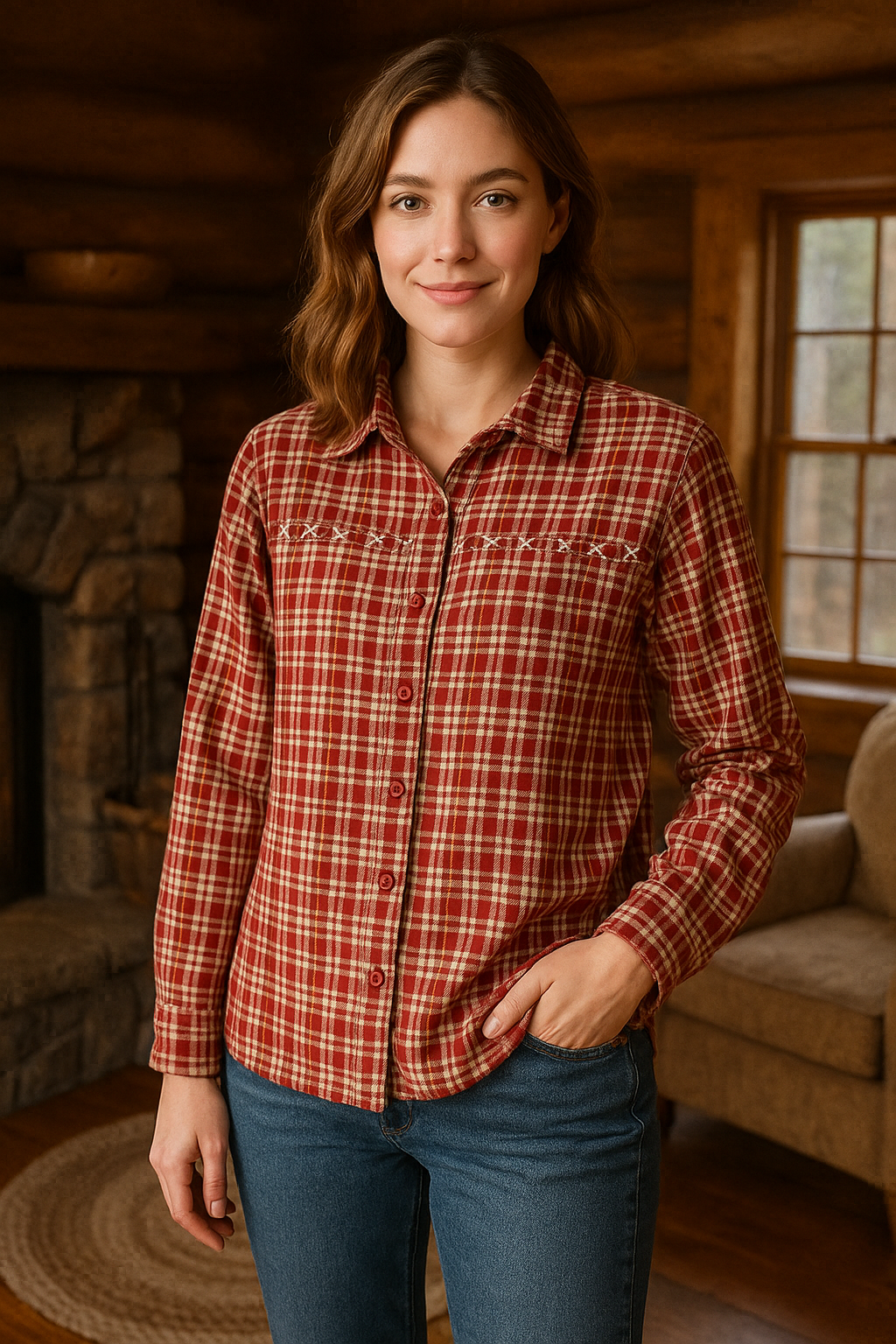 Vintage Carolina Classics Red Gingham Button-Up – Hand-Stitched Embroidery Detail