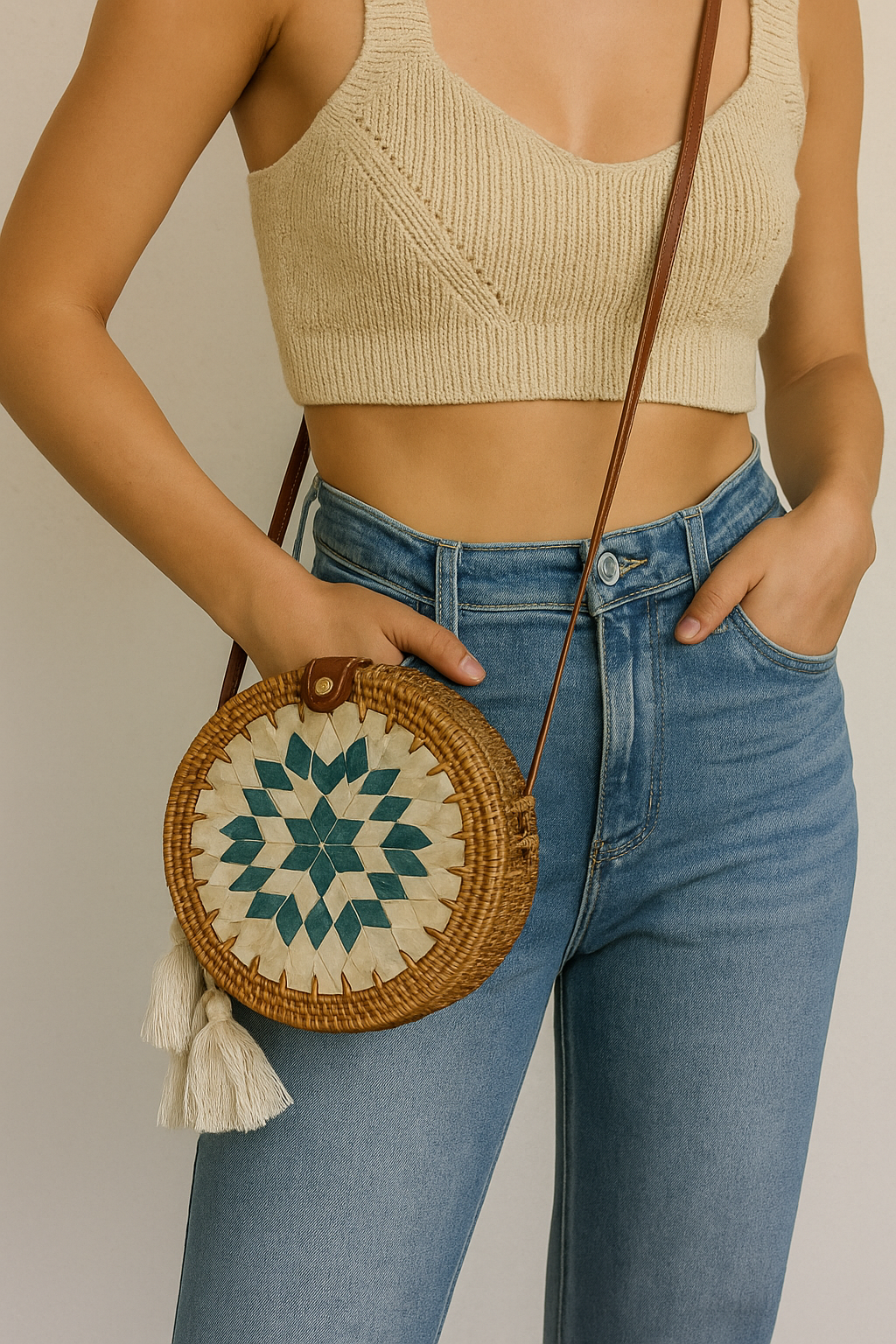 Boho Mosaic Woven Circle Bag with Tassels