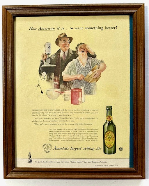 Vintage Ballantine’s Ale WWII-Era Advertisement – Framed Americana Beer Art