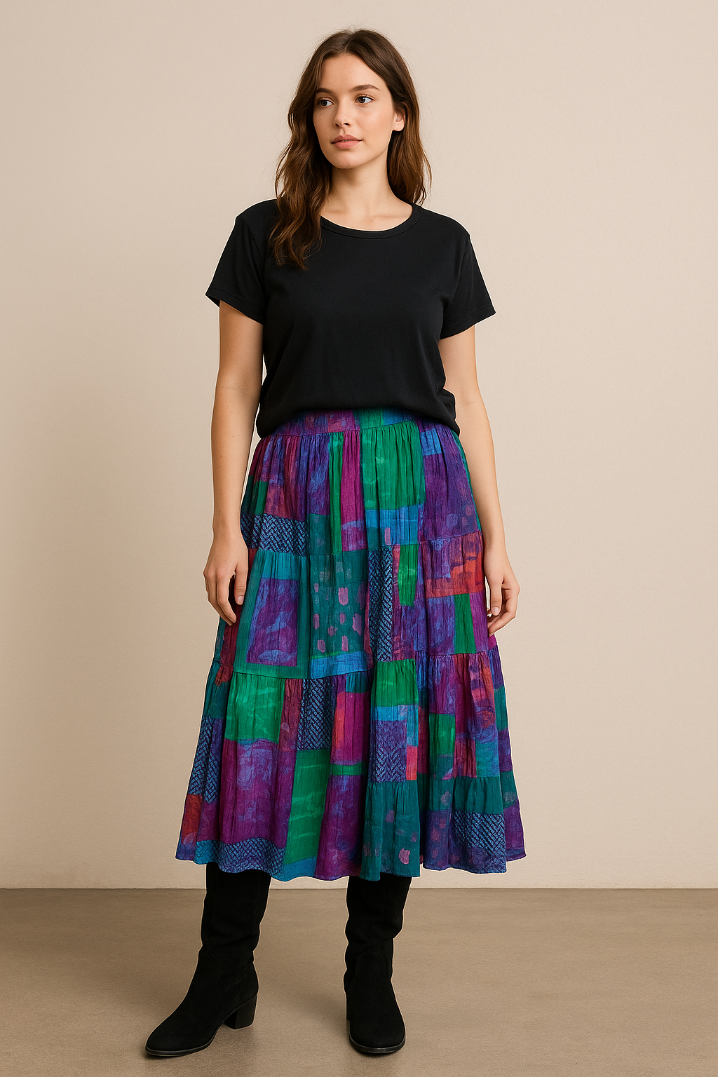 Vintage PHOOL Patchwork Maxi Skirt - Boho Cotton Crinkle - M