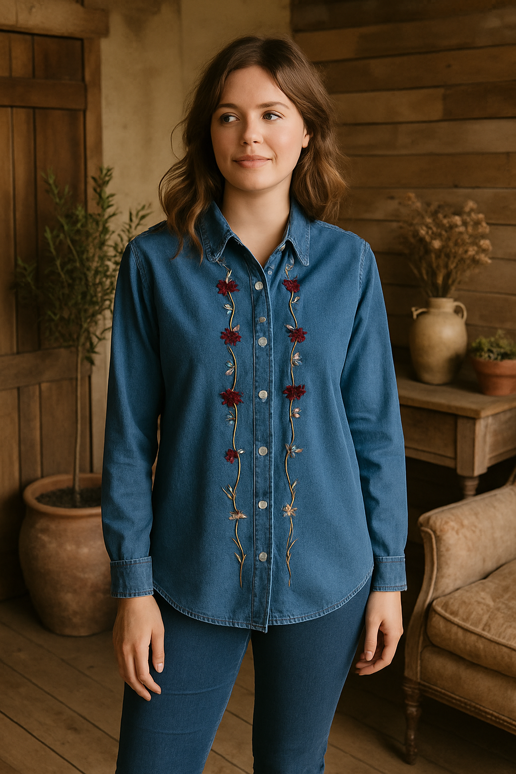 Embroidered Denim Button-Up Shirt – Floral Western Cottagecore