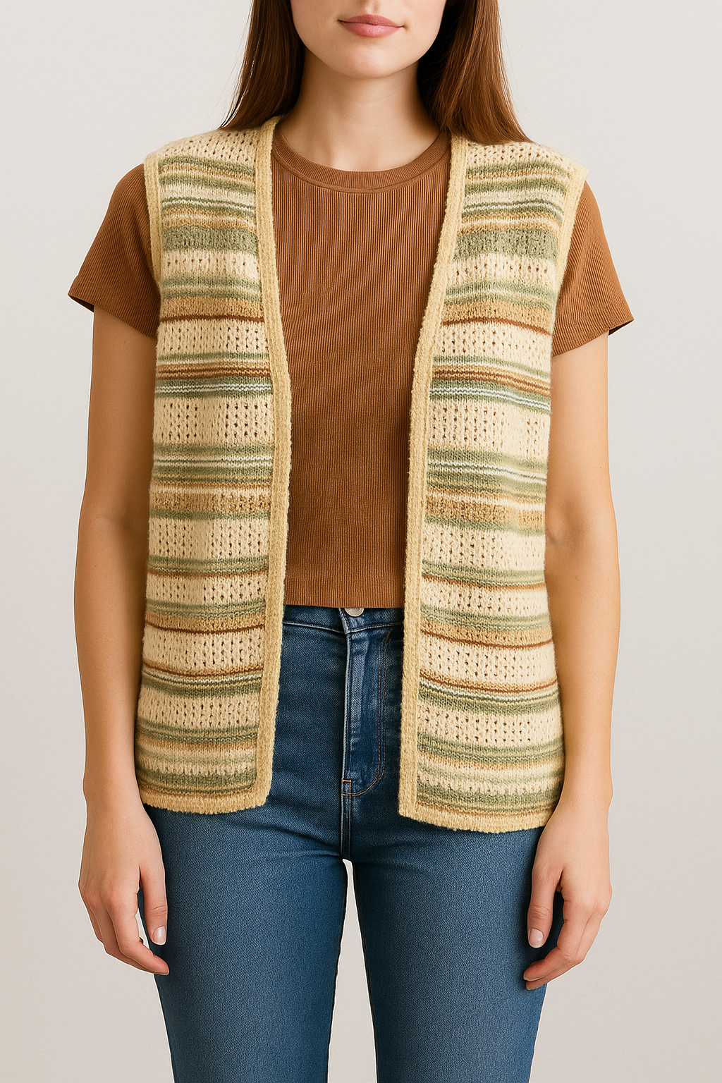 Vintage Napa Valley Crochet Knit Open Front Vest – Earth Tone Stripes – Size Unknown