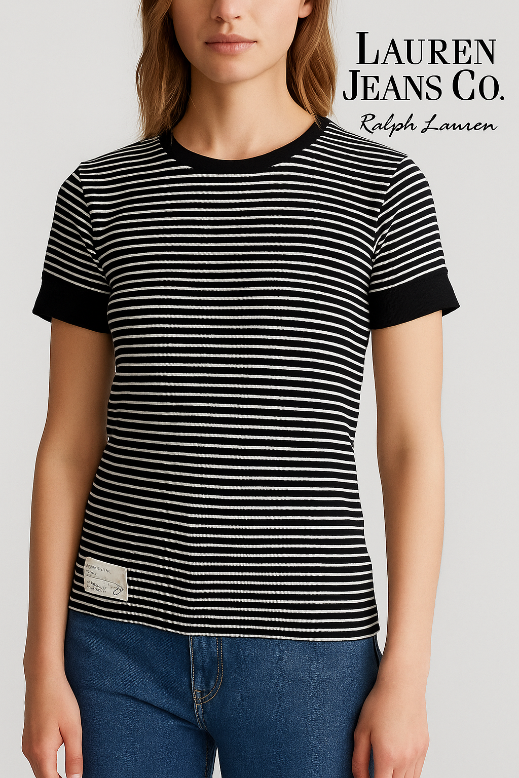 Lauren Jeans Co. by Ralph Lauren Black & White Striped Ribbed Tee – Size Small