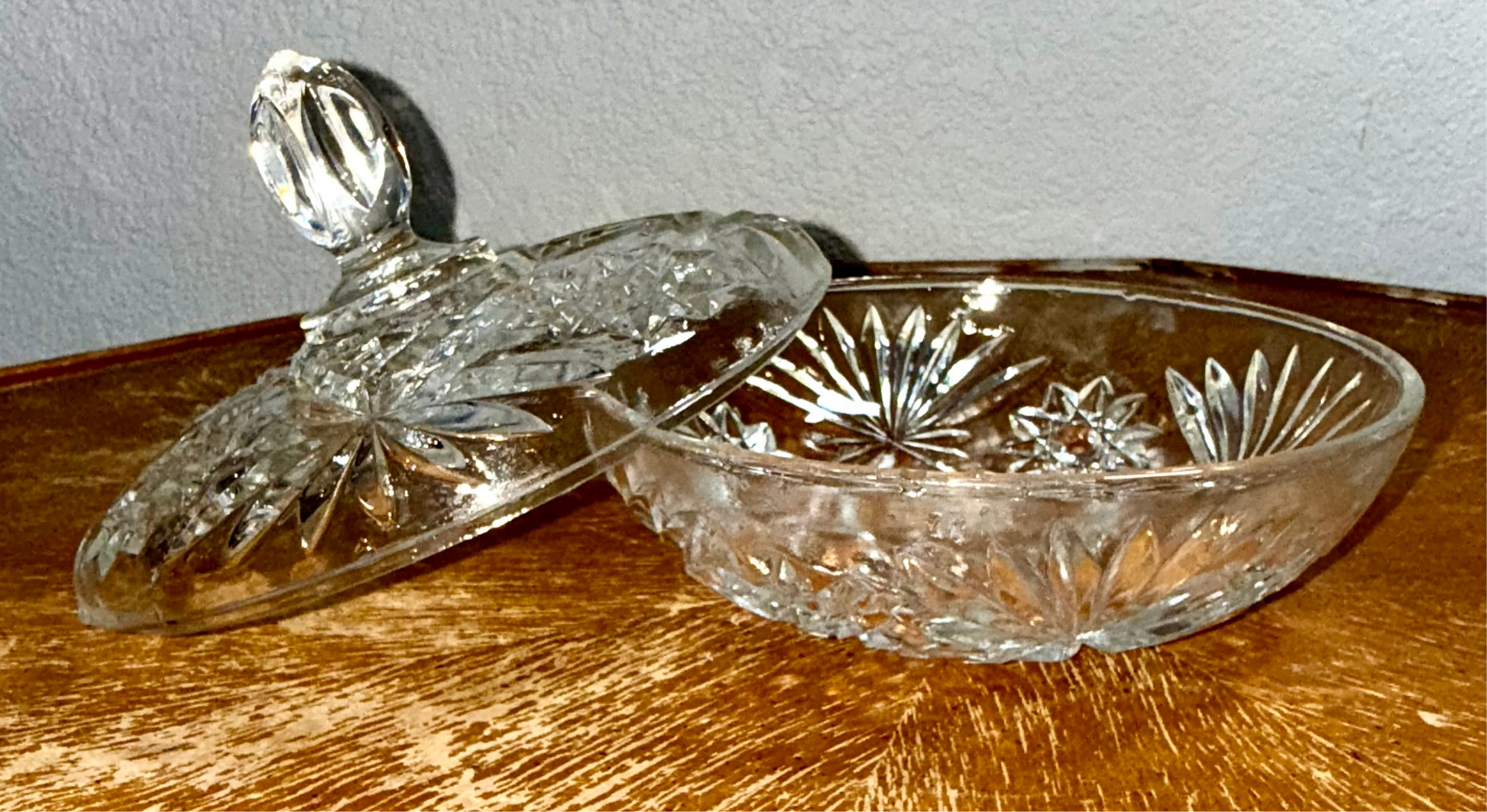 Vintage Pressed Glass Lidded Candy Dish – Starburst Pattern