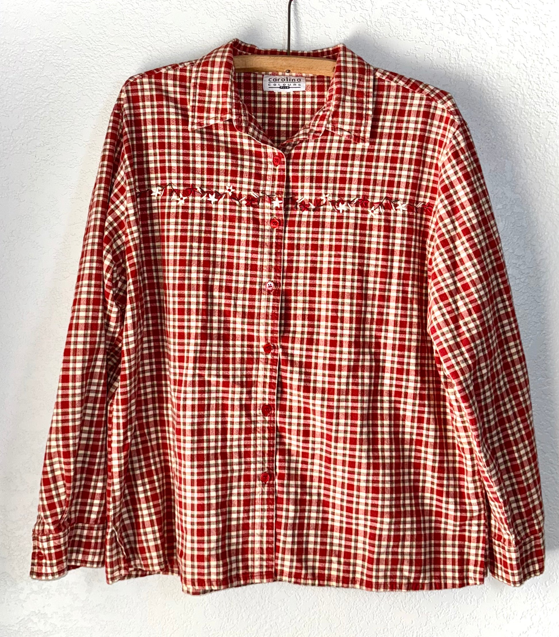 Vintage Carolina Classics Red Gingham Button-Up – Hand-Stitched Embroidery Detail