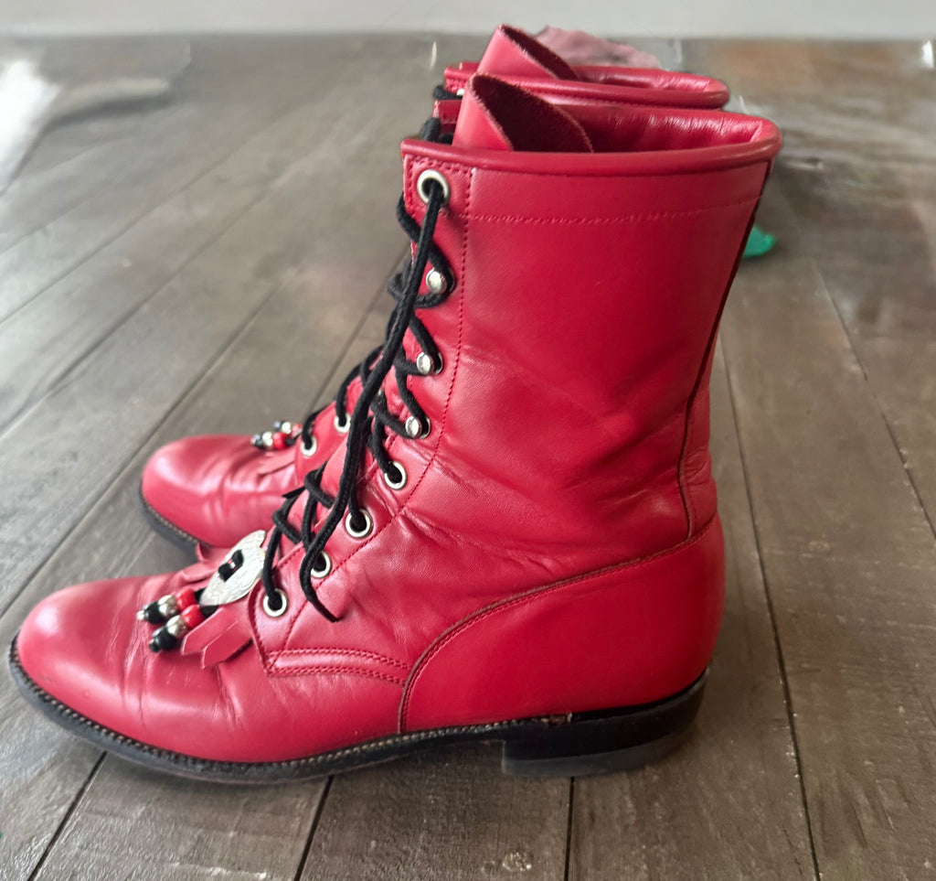 Vintage Justin Red Leather Lace-Up Western Boots – Women’s 8B