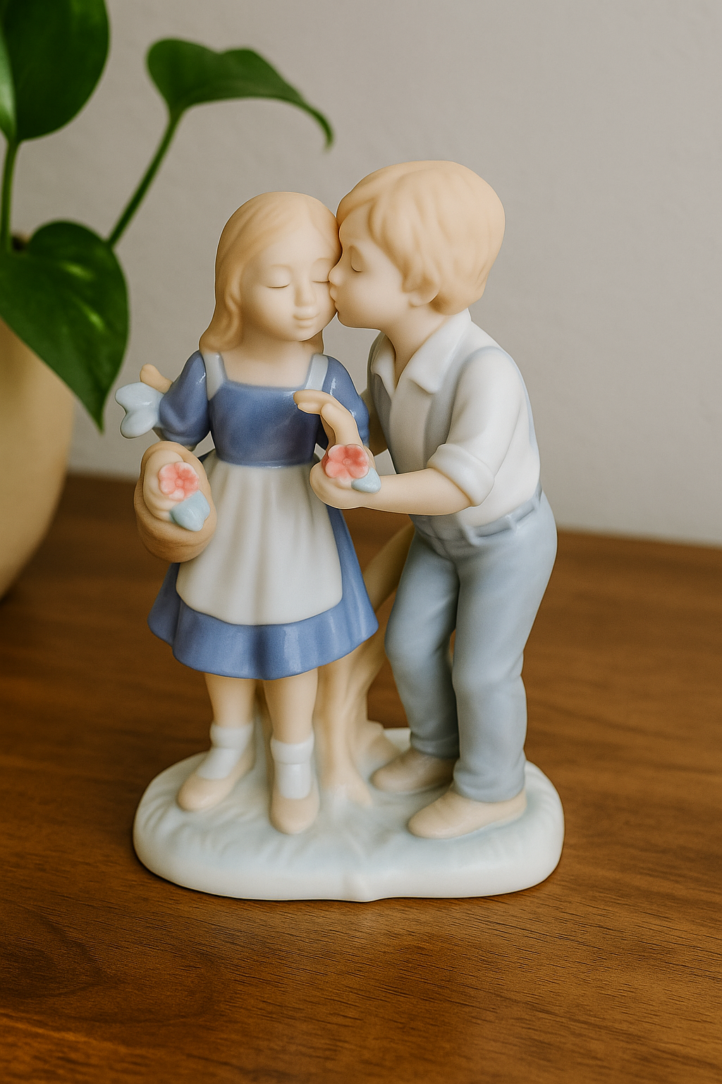 Vintage Porcelain Figurine – Boy Kissing Girl with Flowers