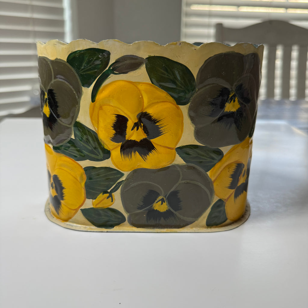 Hand-Painted Pansy Floral Tin | Vintage Cottagecore Planter